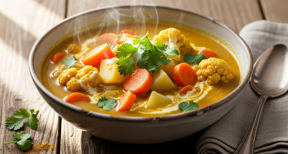 Aromatic curried vegetable soup with a hint of coconut
