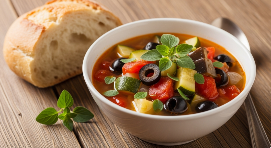 Colorful Mediterranean vegetable soup with olives and herbs
