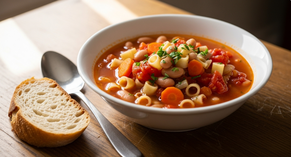 Traditional minestrone soup with pasta and beans