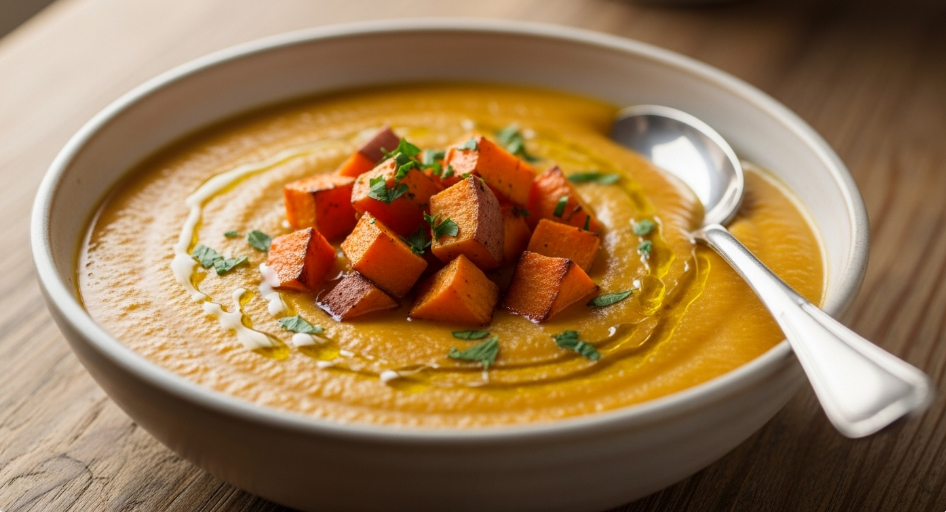Smooth roasted vegetable soup with a golden hue